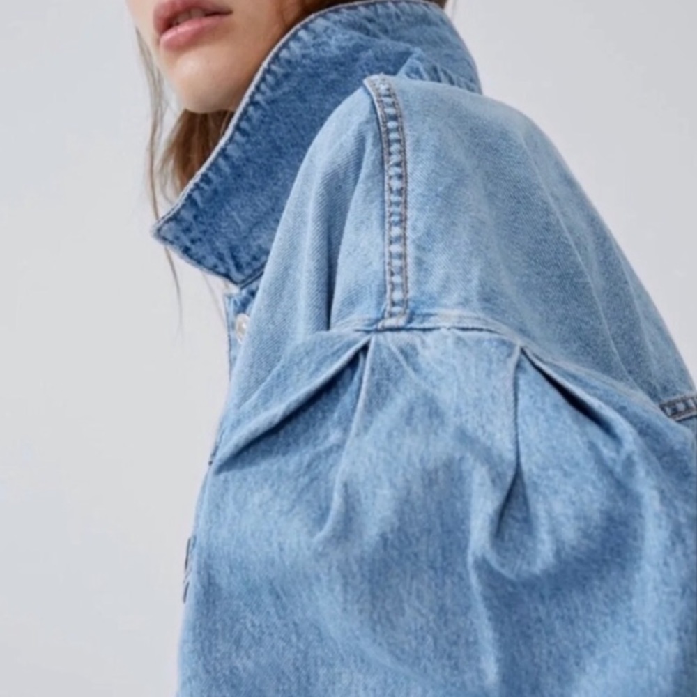 Zara Balloon Sleeves Cropped Denim Jacket Blue M - Picture 3 of 13